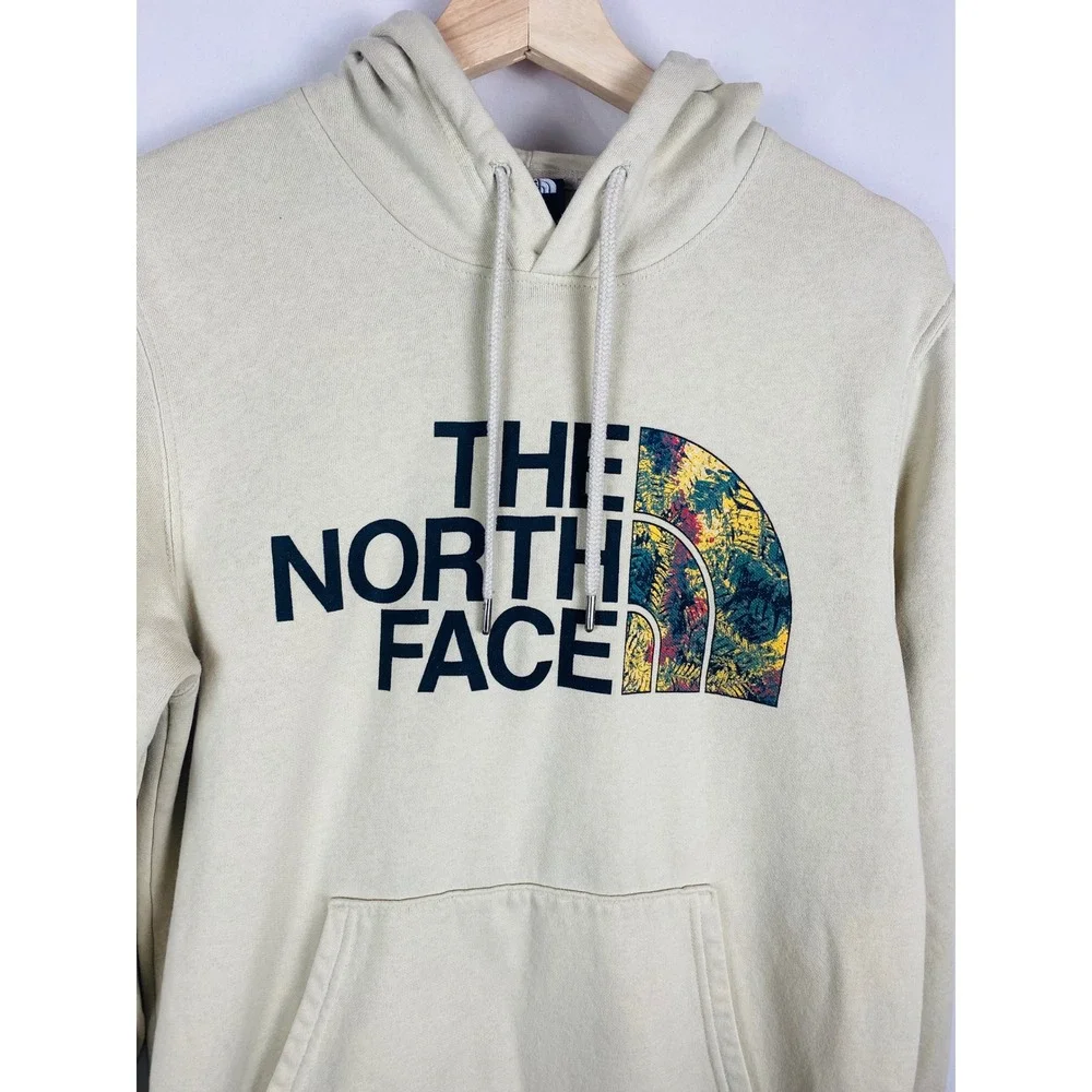 The North Face Mens Floral‎ Graphic Logo Hoodie Beige Khaki Pullover Small